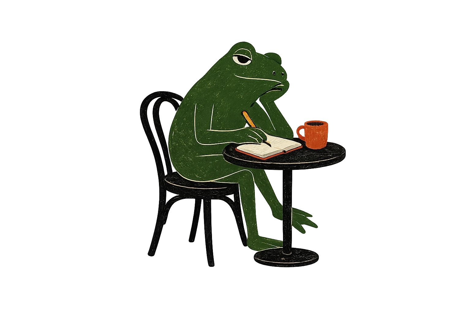 O sapo escrevendo no caderno enquanto pensa a prática clínica