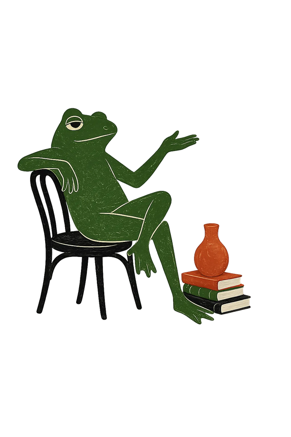 O sapo sentado ao lado de livros, apresentando Adriano